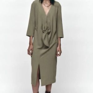 ZARA Fluid Knot Sage Green Midi Dress - Women | Color: Green